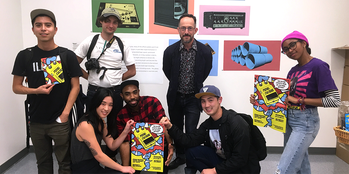 Photo of Design students and Professor Joshua Singer at PedalCulture exhibition